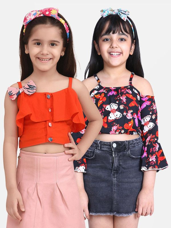 Girls Casual Polycotton Crop Top  (Orange, Pack of 2)