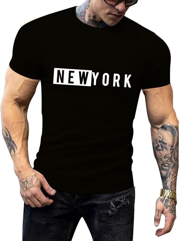 NewYork-HF12-B-L Men Printed Round Neck Pure Cotton Black T-Shirt