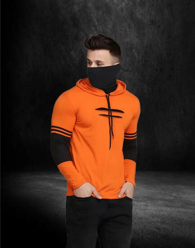Men Solid Hooded Neck Pure Cotton Orange T-Shirt