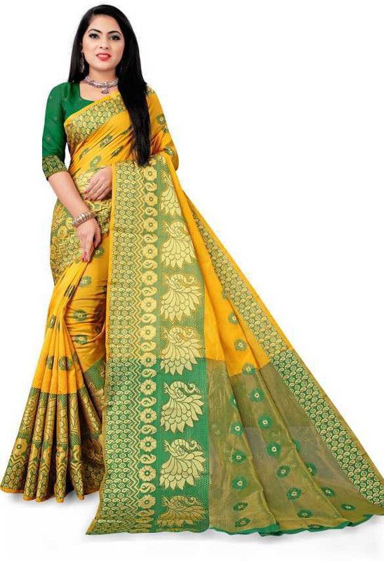 Woven, Dyed Paithani Jacquard, Art Silk Saree  (Yellow)