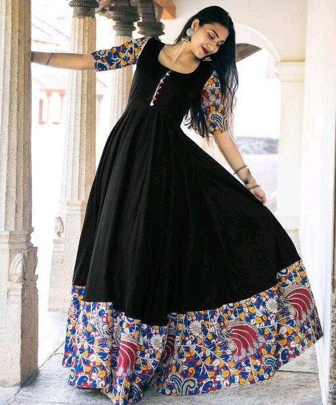 Women Kalamkari Viscose Rayon Flared Kurta  (Black)