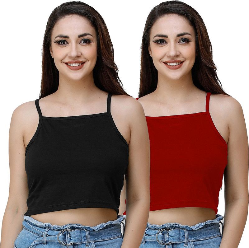 Pack of 2 Casual Shoulder Straps Solid Women Red, Black Top
