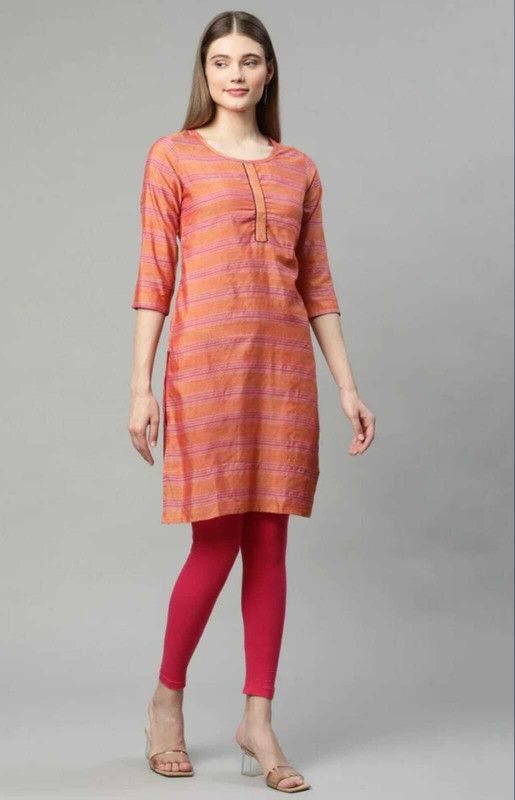 Women Striped Kurta  (Orange)