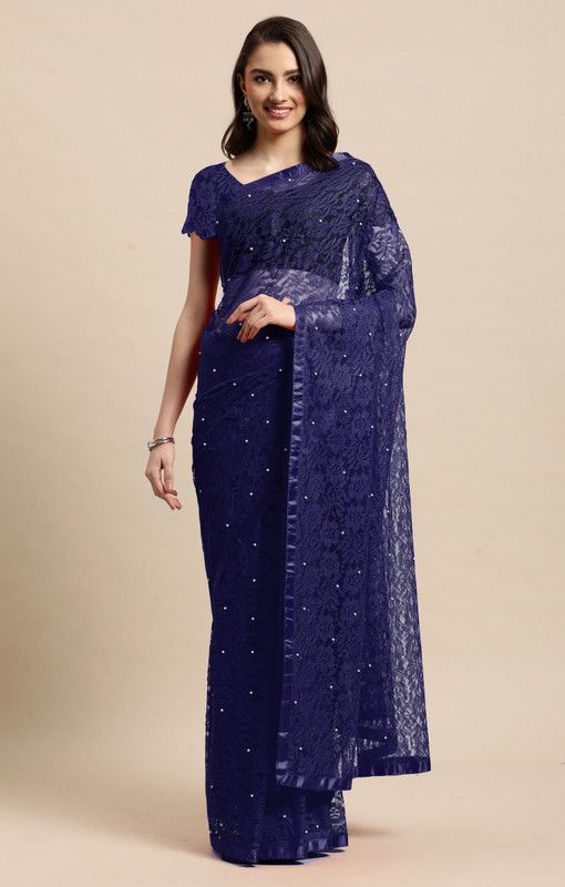 Embellished Bollywood Net, Jacquard Saree  (Dark Blue)