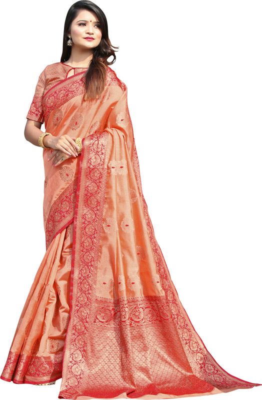 Self Design, Woven Kanjivaram Silk Blend Saree  (Orange)