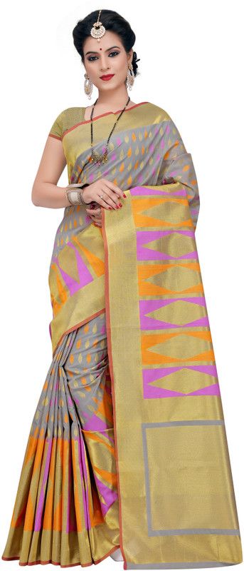 Embellished Patola Art Silk Saree  (Grey)