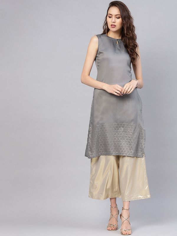 Women Printed Polyester Straight Kurta  (Grey)