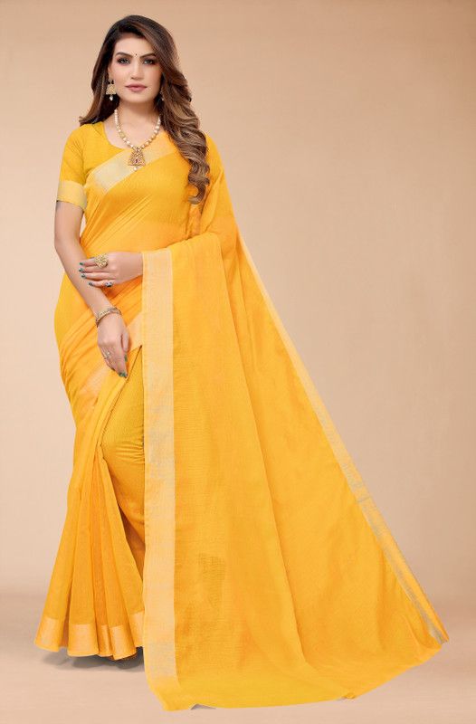 Plain Daily Wear Cotton Blend Saree  (Yellow)