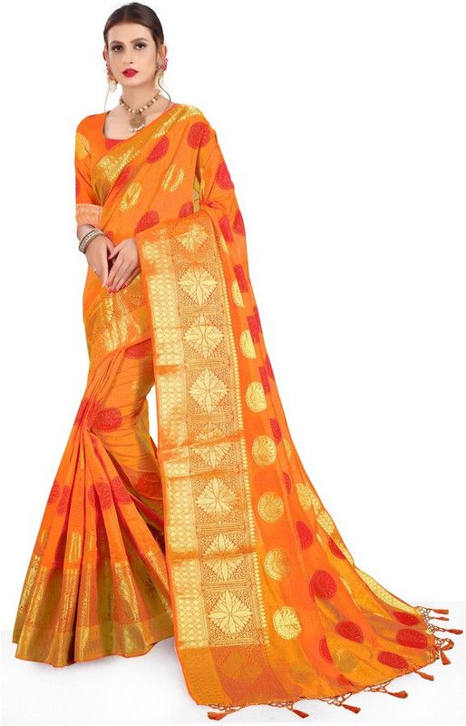 Self Design, Woven, Embellished Bollywood Silk Blend Saree  (Mustard)