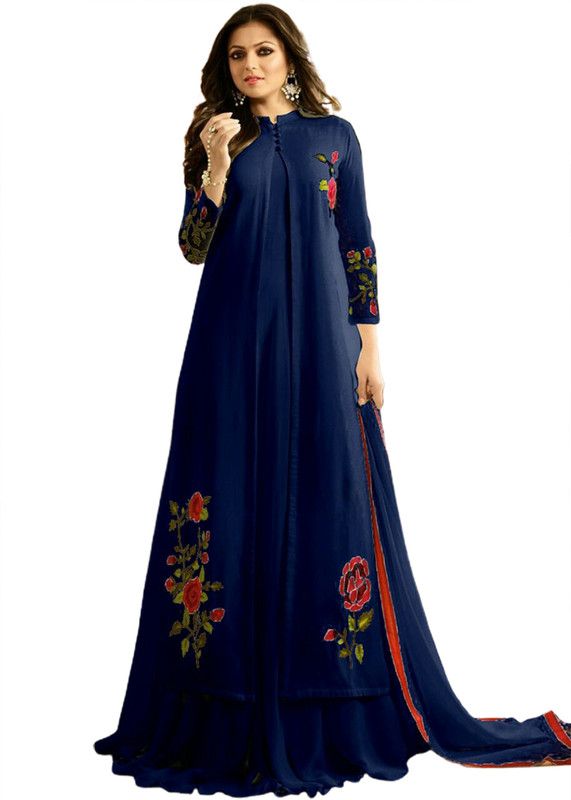 Semi Stitched Georgette Kurta with Jacket & Bottom Material Embroidered