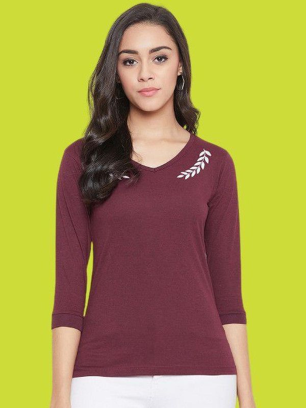 Women Printed V Neck Cotton Blend Maroon T-Shirt
