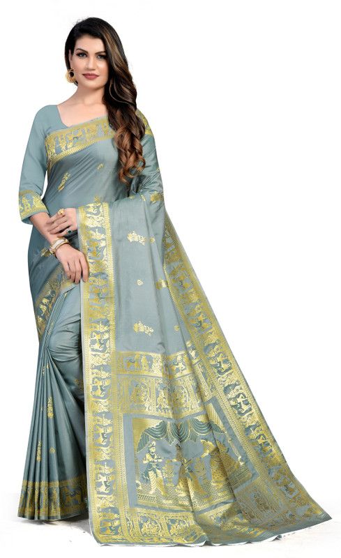Temple Border, Woven Baluchari Silk Blend, Art Silk Saree  (Grey)