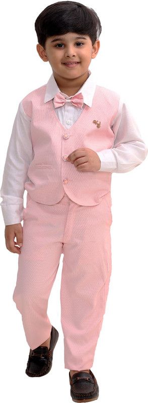 Boys Party(Festive) Shirt Bow Tie, Trouser, Waistcoat  (Pink)