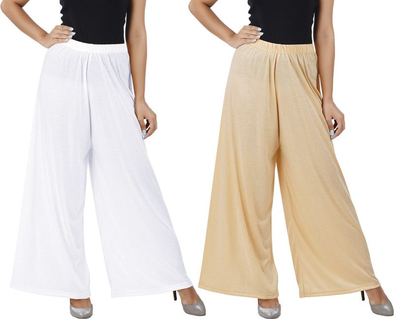 Pack of 2 Women Flared White, Beige Cotton Blend Trousers