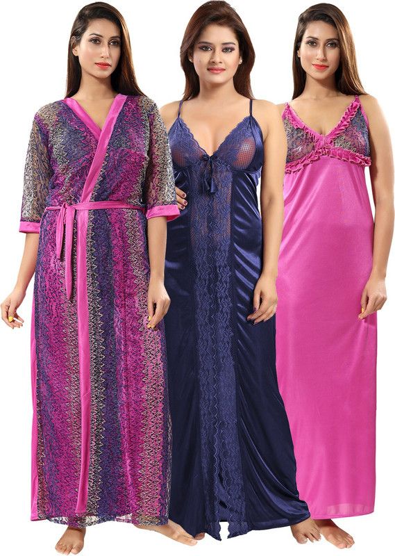 Pack of 3 Women Nighty  (Blue, Pink)