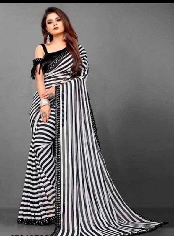 Striped Daily Wear Georgette Saree  (White, Black)