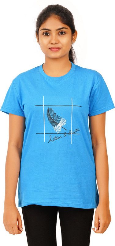 T-SHIRT Women Printed Round Neck Cotton Blend Blue T-Shirt