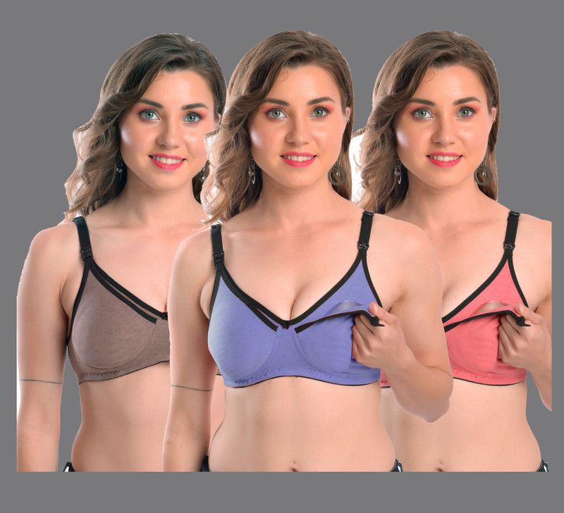 Pack of 3 Women Maternity/Nursing Non Padded Bra  (Brown, Purple, Orange)