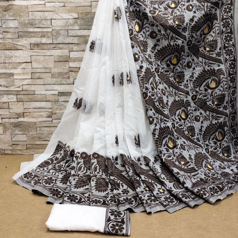 Woven Jamdani Cotton Blend Saree  (White, Brown)
