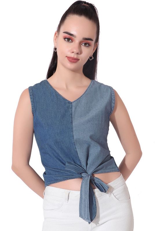 Casual Sleeveless Color Block Women Blue Top