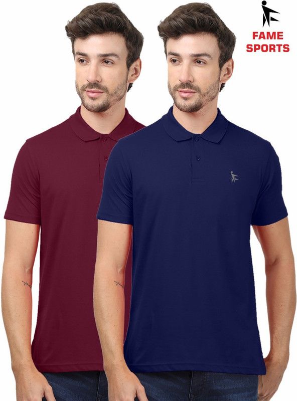 Pack of 2 Men Solid Polo Neck Cotton Blend Multicolor T-Shirt