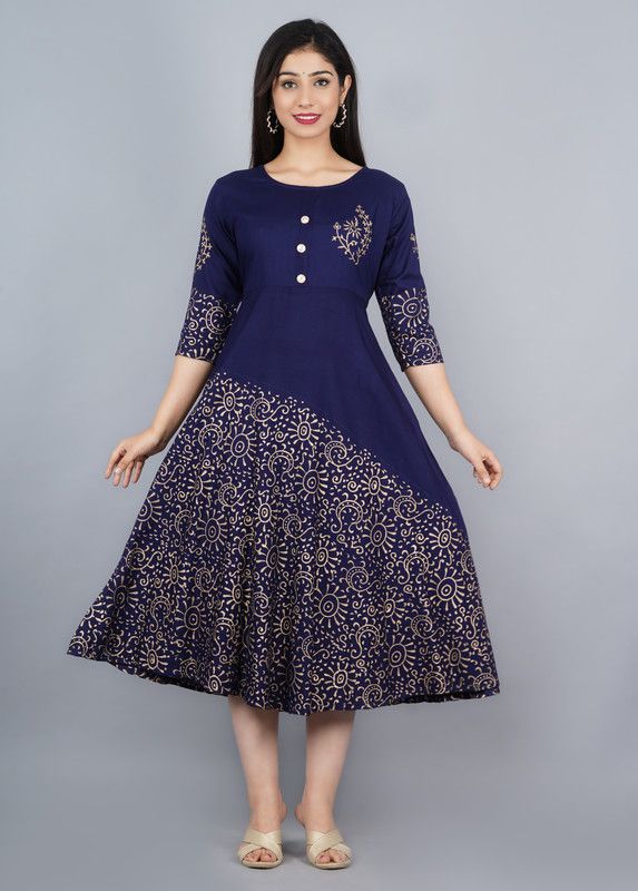 Women Block Print Viscose Rayon Anarkali Kurta  (Gold)