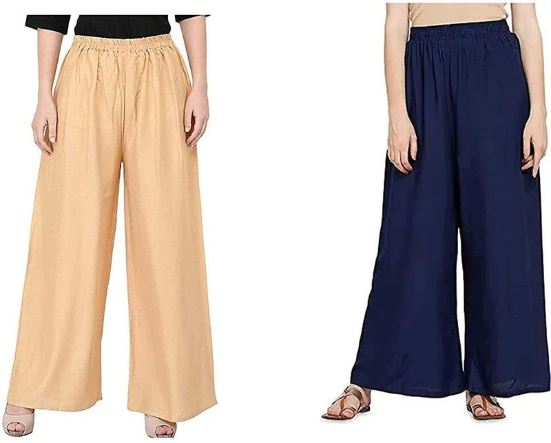 Pack of 2 Women Relaxed Beige, Blue Viscose Rayon Trousers