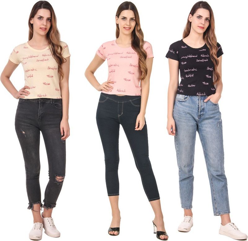 Pack of 3 Women Typography Round Neck Cotton Blend Black, Pink, Beige T-Shirt