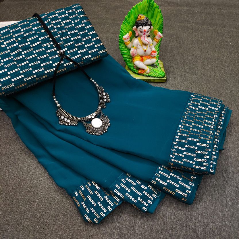 Embroidered Kasavu Georgette Saree  (Light Blue)