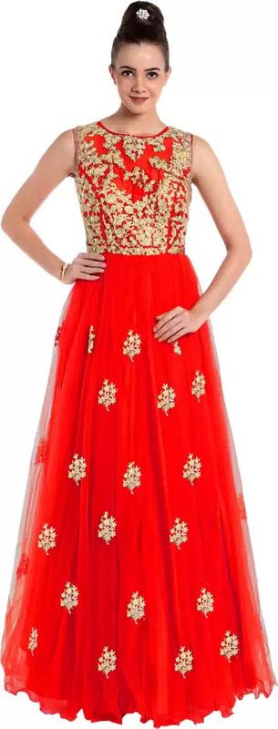Embroidered Pure Silk, Net Semi Stitched Anarkali Gown  (Red)