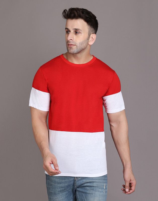 Men Solid Round Neck Cotton Blend Red, White T-Shirt