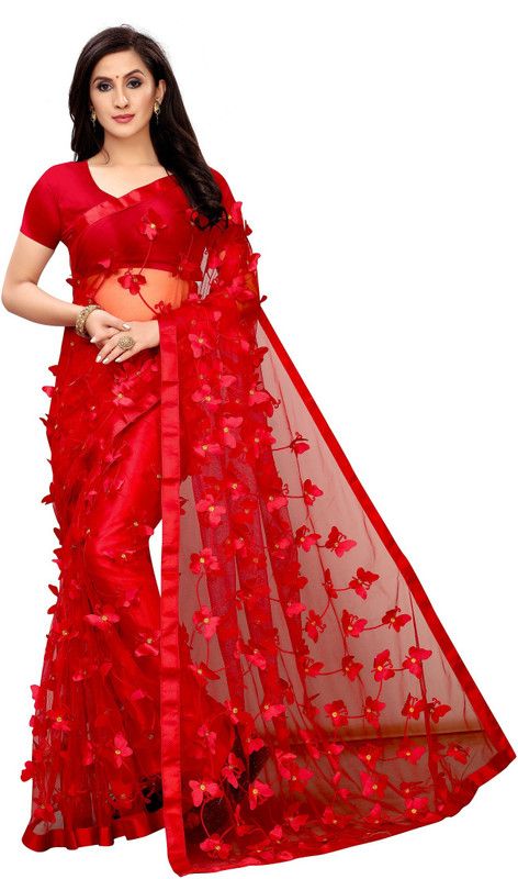 Applique Bollywood Net Saree  (Red)