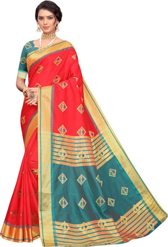 Striped, Woven, Embellished Banarasi Silk Blend Saree  (Red)