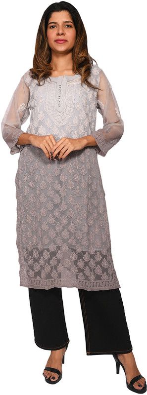 Women Chikan Embroidery Kurta  (Grey)