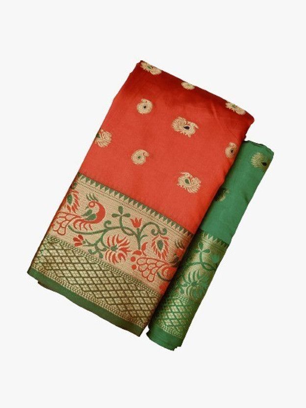 Woven Paithani Cotton Silk Saree  (Orange)