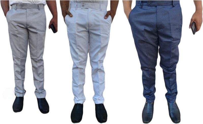 Pack of 3 Men Regular Fit White, Blue, Grey Cotton Blend Trousers