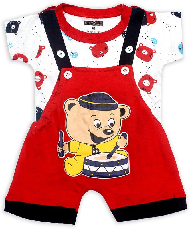 Dungaree For Baby Boys & Baby Girls Casual Printed Pure Cotton  (Red, Pack of 1)