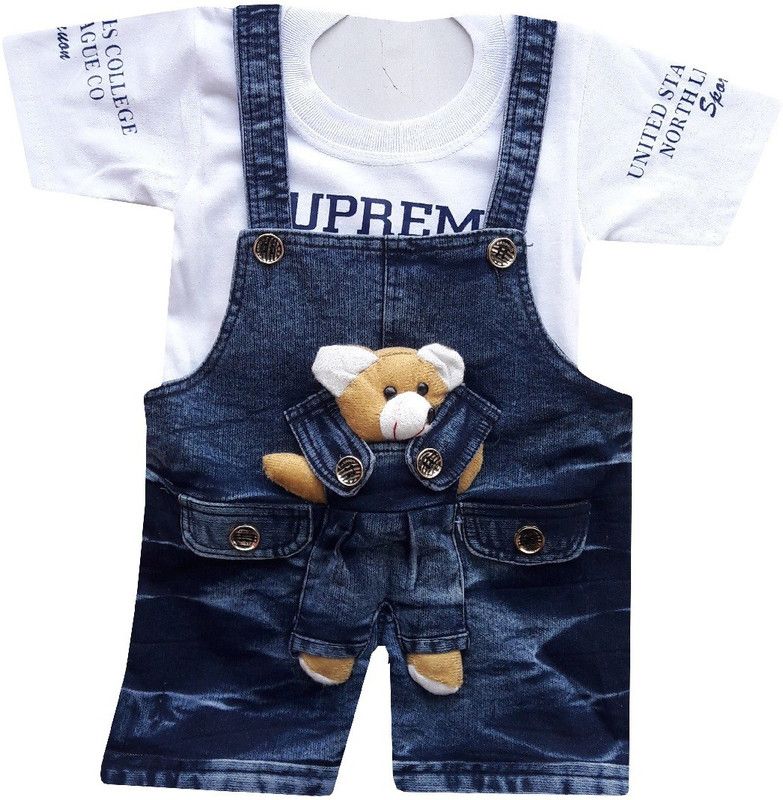 Dungaree For Boys & Girls Casual Printed Denim Lycra Blend  (Blue, Pack of 1)