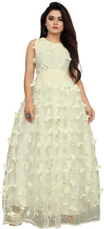Self Design Net Semi Stitched Flared/A-line Gown  (White)