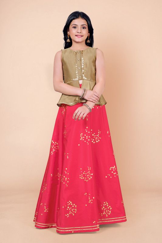 Girls Lehenga Choli Ethnic Wear Printed Lehenga Choli  (Beige, Pack of 1)