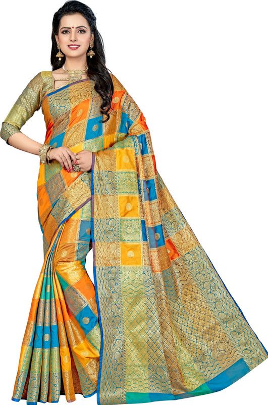 Checkered Patola Jacquard, Art Silk Saree  (Blue, Orange, Yellow)