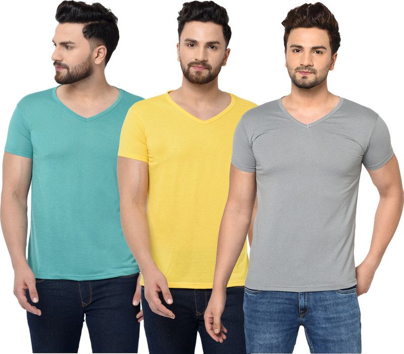 Pack of 3 V neck Combo T-shirts Multicolor Men Solid V Neck Cotton Blend Light Blue, Grey, Yellow T-Shirt