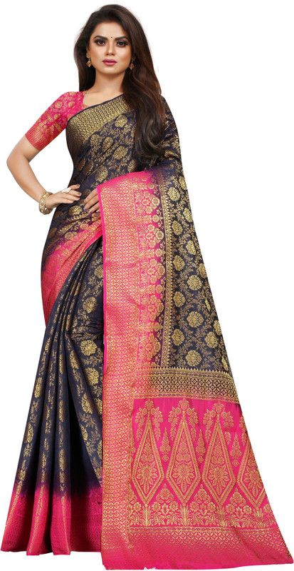 Self Design, Woven Kanjivaram Pure Silk, Art Silk Saree  (Dark Blue, Pink)