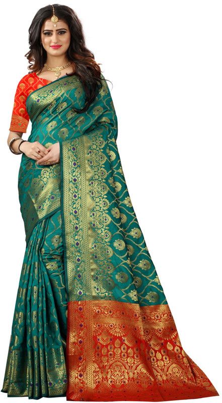 Woven Handloom Silk Blend, Jacquard Saree  (Green)