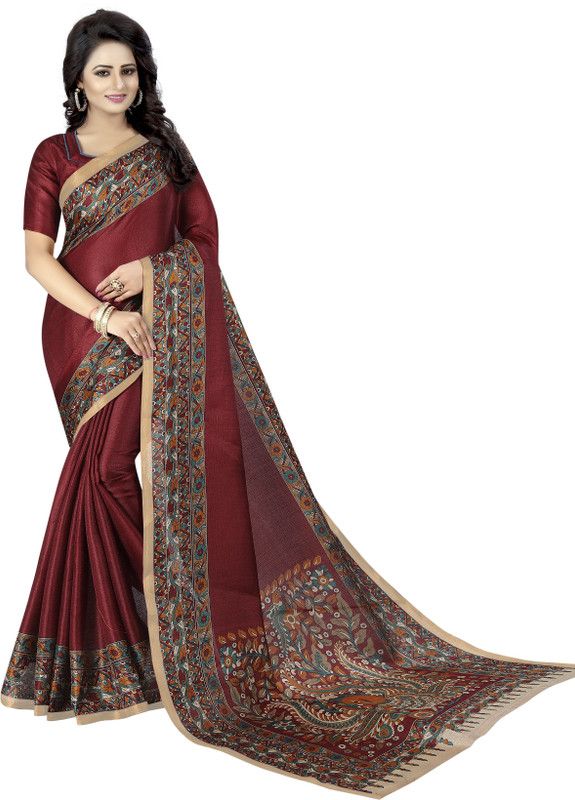 Printed Kalamkari Silk Blend, Art Silk Saree  (Maroon)