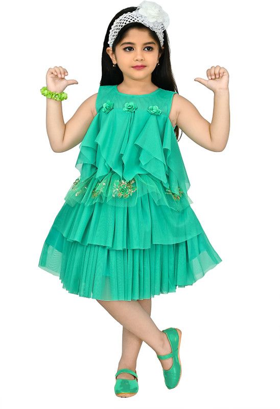 Girls Below Knee Party Dress  (Green, Sleeveless)