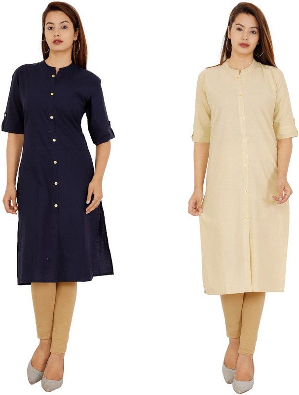 Pack of 2 Women Solid Pure Cotton Straight Kurta  (Dark Blue, Beige)