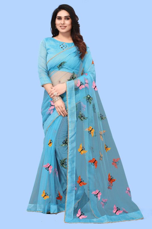 Self Design Bollywood Net Saree  (Light Blue)