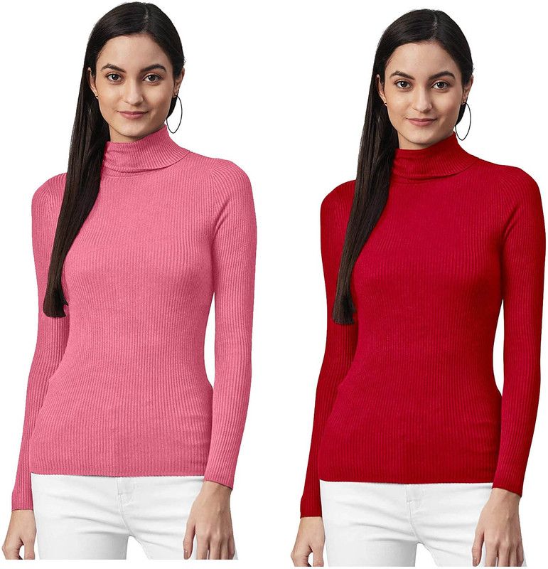 Women Solid High Neck Red, Pink Sweater