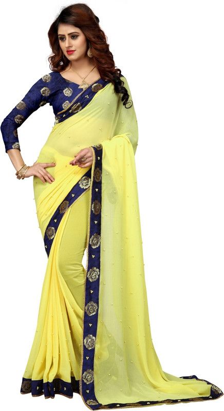 Embroidered Venkatagiri Chiffon Saree  (Blue, Yellow)